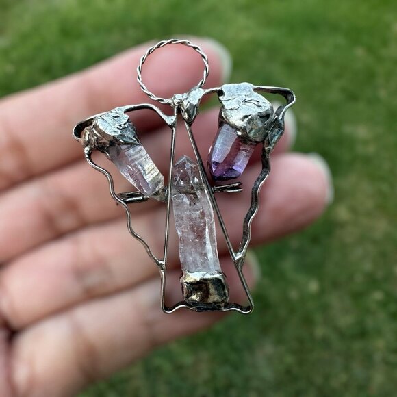 VTG Brooch Pin Pendant 2" Angel Halo Quartz Crystals Artisan 925 Sterling 12.1g - Picture 2 of 8